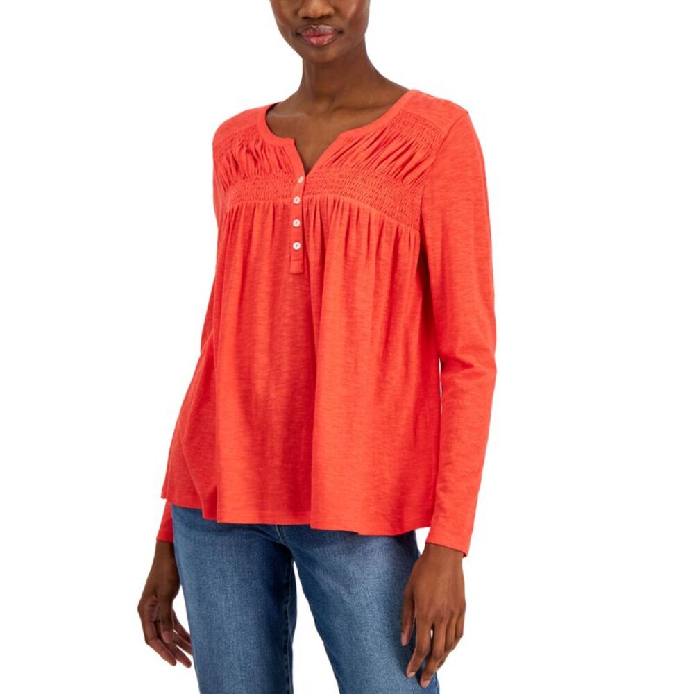 Style & Co Petite Knit Smocked Long Sleeve Top